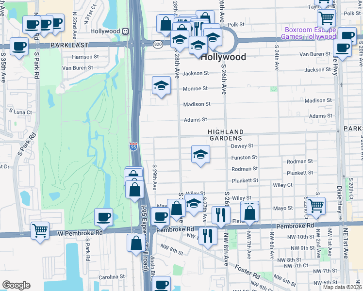 map of restaurants, bars, coffee shops, grocery stores, and more near 2751 Dewey Street in Hollywood