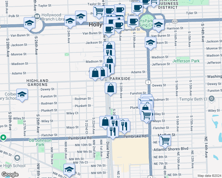 map of restaurants, bars, coffee shops, grocery stores, and more near 2029 Funston Street in Hollywood