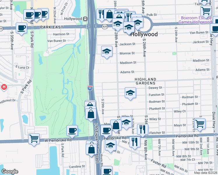 map of restaurants, bars, coffee shops, grocery stores, and more near 2848 Dewey Street in Hollywood