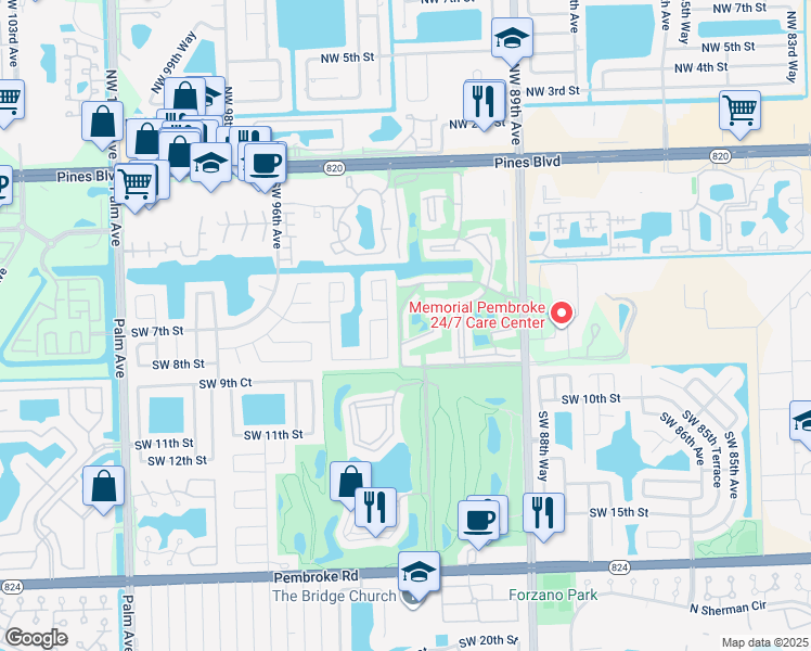 map of restaurants, bars, coffee shops, grocery stores, and more near 8990 South Hollybrook Boulevard in Pembroke Pines