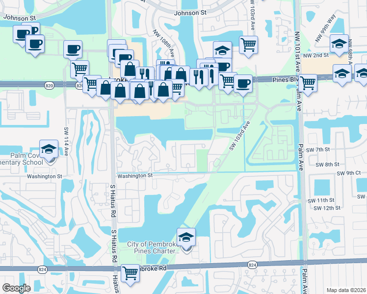 map of restaurants, bars, coffee shops, grocery stores, and more near 636 Southwest 107th Avenue in Pembroke Pines