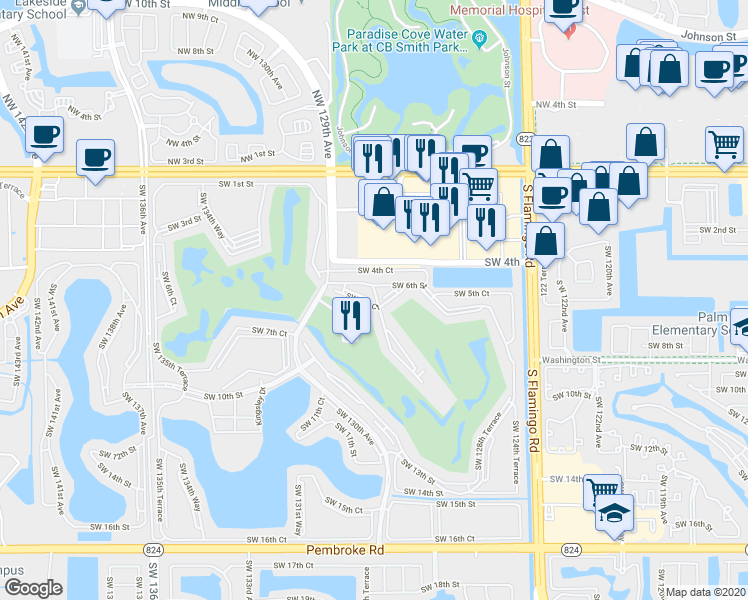 map of restaurants, bars, coffee shops, grocery stores, and more near 12900 Southwest 7th Court in Pembroke Pines