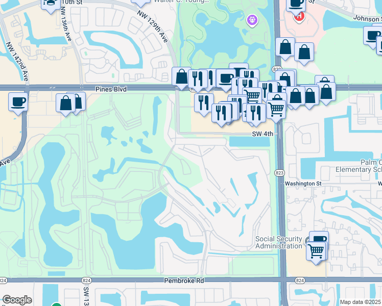 map of restaurants, bars, coffee shops, grocery stores, and more near 12900 Southwest 7th Court in Pembroke Pines
