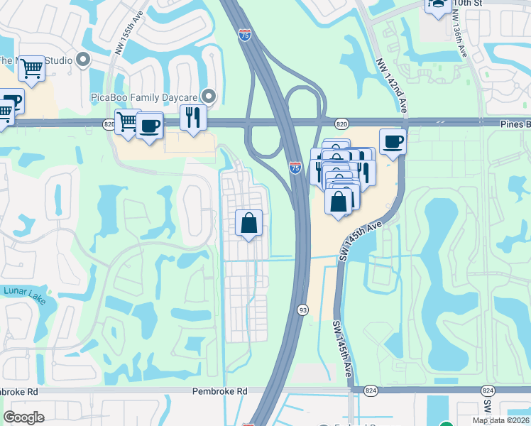 map of restaurants, bars, coffee shops, grocery stores, and more near 625 Southwest 146th Terrace in Pembroke Pines