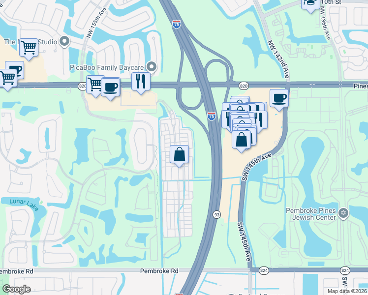 map of restaurants, bars, coffee shops, grocery stores, and more near 625 Southwest 146th Terrace in Pembroke Pines