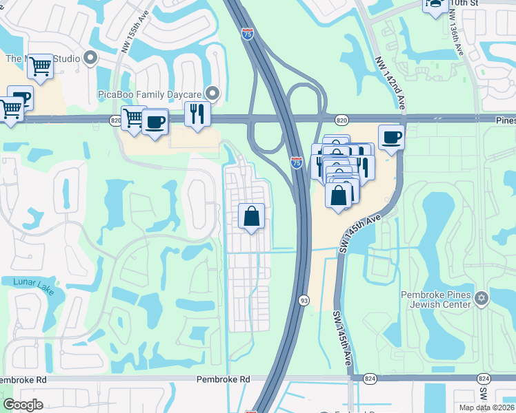 map of restaurants, bars, coffee shops, grocery stores, and more near 625 Southwest 146th Terrace in Pembroke Pines