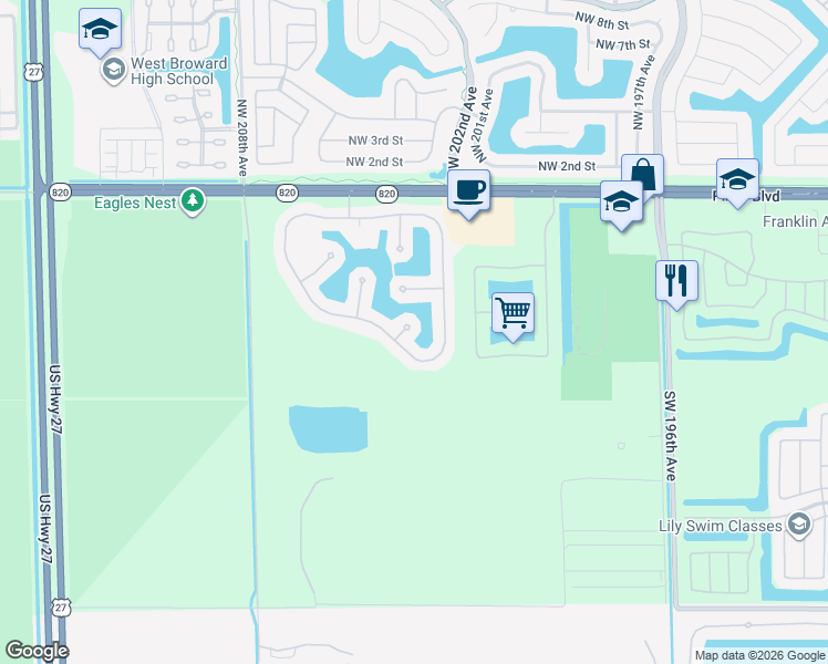 map of restaurants, bars, coffee shops, grocery stores, and more near 439 Southwest 204th Avenue in Pembroke Pines