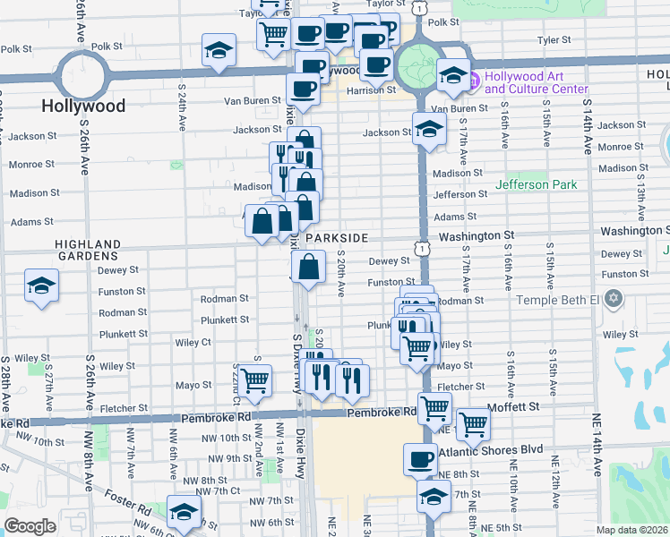 map of restaurants, bars, coffee shops, grocery stores, and more near 1955 Funston Street in Hollywood