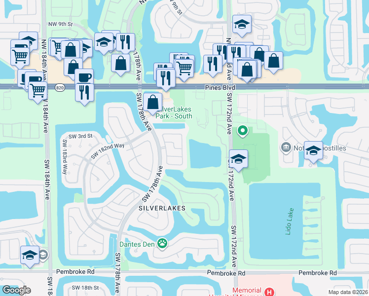map of restaurants, bars, coffee shops, grocery stores, and more near 561 Southwest 176th Avenue in Pembroke Pines