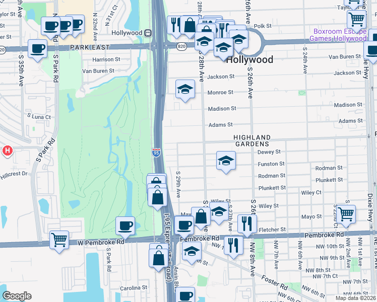 map of restaurants, bars, coffee shops, grocery stores, and more near 2848 Dewey Street in Hollywood