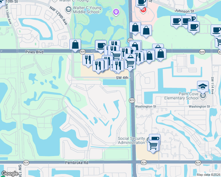 map of restaurants, bars, coffee shops, grocery stores, and more near 800 Southwest 125th Way in Pembroke Pines