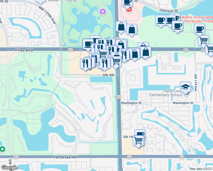 map of restaurants, bars, coffee shops, grocery stores, and more near 650 Southwest 124th Terrace in Pembroke Pines