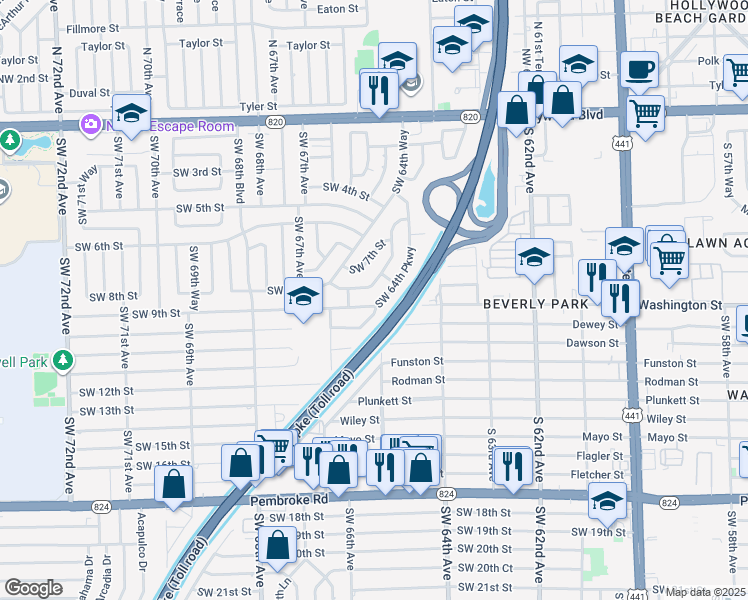 map of restaurants, bars, coffee shops, grocery stores, and more near 830 Southwest 64th Parkway in Pembroke Pines