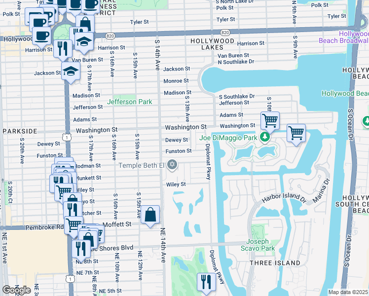 map of restaurants, bars, coffee shops, grocery stores, and more near 1316 Funston Street in Hollywood