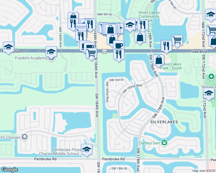 map of restaurants, bars, coffee shops, grocery stores, and more near 425 Southwest 183rd Way in Pembroke Pines