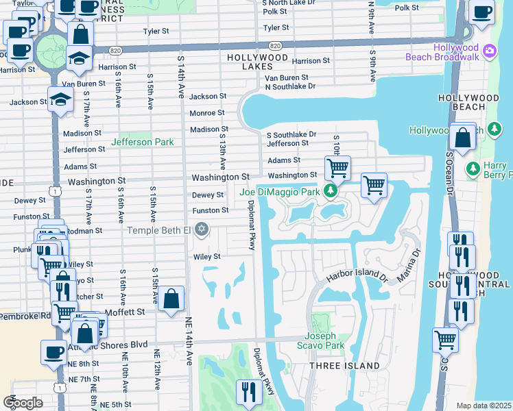 map of restaurants, bars, coffee shops, grocery stores, and more near 1101 Diplomat Parkway in Hollywood