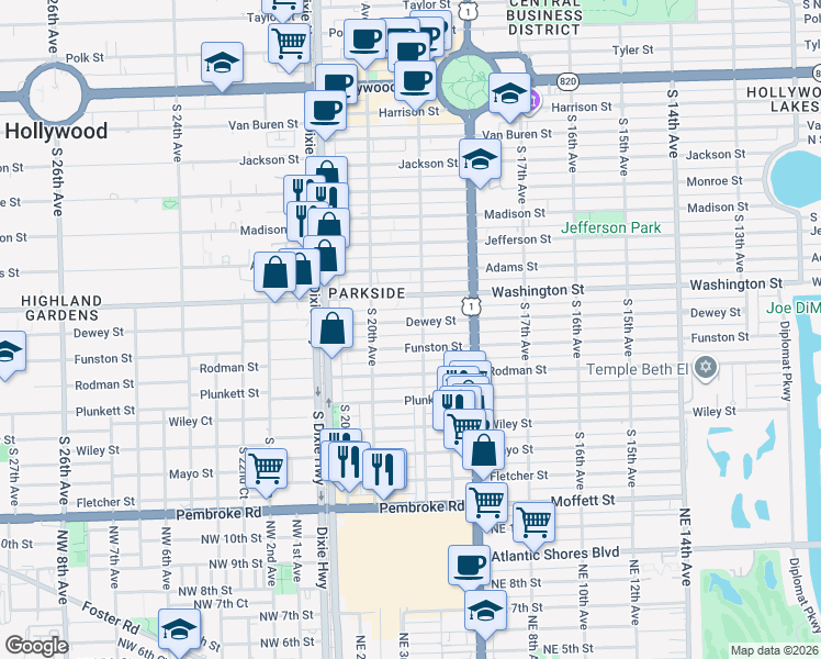 map of restaurants, bars, coffee shops, grocery stores, and more near 1014 South 19th Avenue in Hollywood