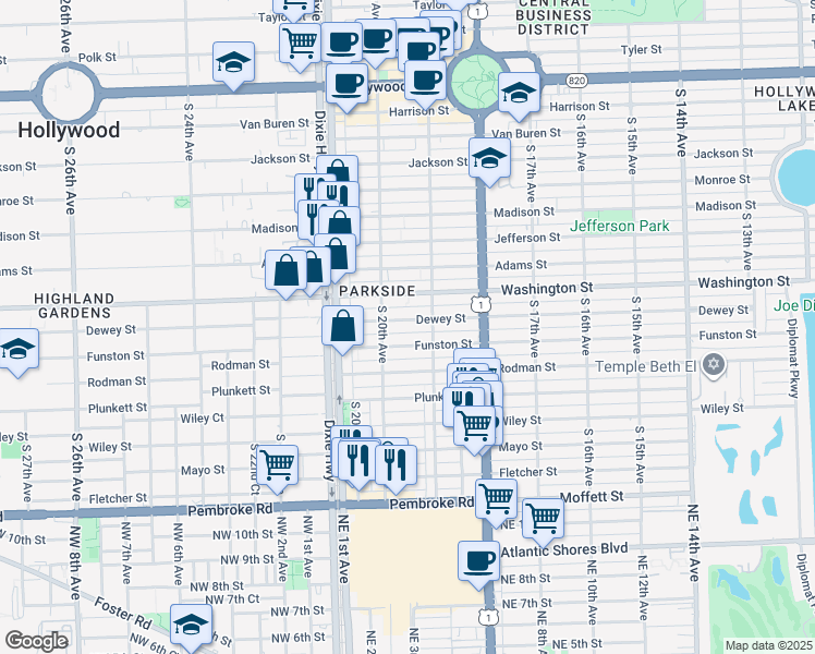 map of restaurants, bars, coffee shops, grocery stores, and more near 1955 Funston Street in Hollywood