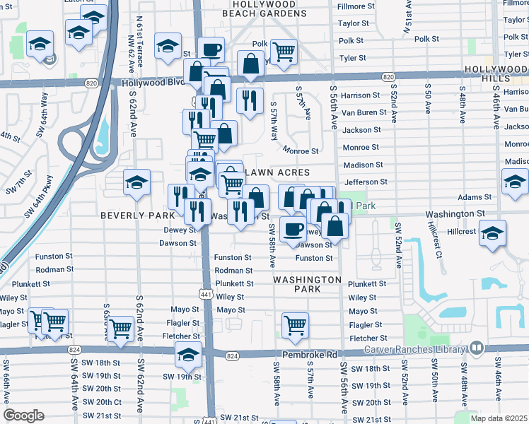 map of restaurants, bars, coffee shops, grocery stores, and more near 5800 Washington Street in Hollywood