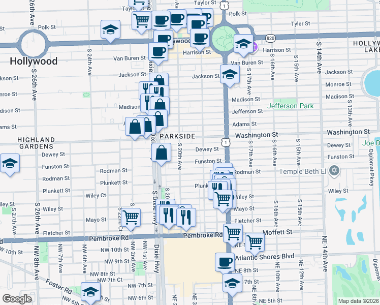 map of restaurants, bars, coffee shops, grocery stores, and more near 1955 Funston Street in Hollywood