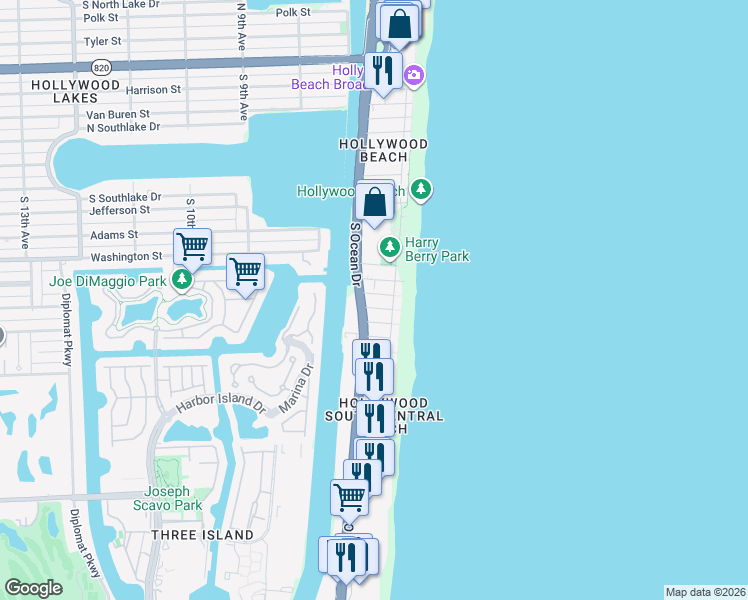 map of restaurants, bars, coffee shops, grocery stores, and more near 1501 South Ocean Drive in Hollywood