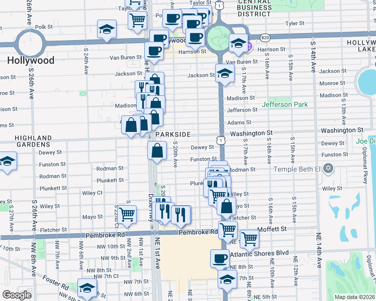 map of restaurants, bars, coffee shops, grocery stores, and more near 1014 South 19th Avenue in Hollywood