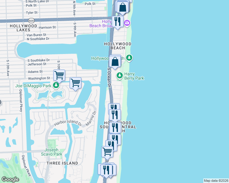 map of restaurants, bars, coffee shops, grocery stores, and more near 1398 South Ocean Drive in Hollywood