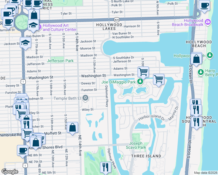 map of restaurants, bars, coffee shops, grocery stores, and more near 1101 Diplomat Parkway in Hollywood