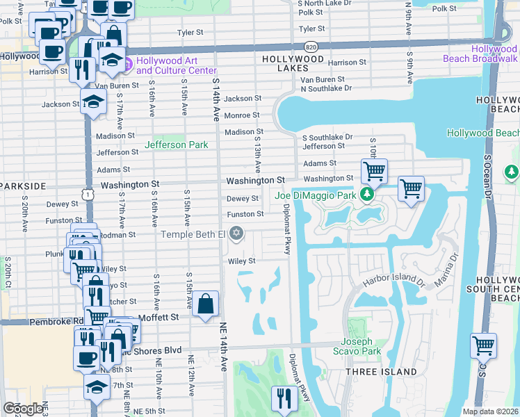 map of restaurants, bars, coffee shops, grocery stores, and more near 1316 Funston Street in Hollywood