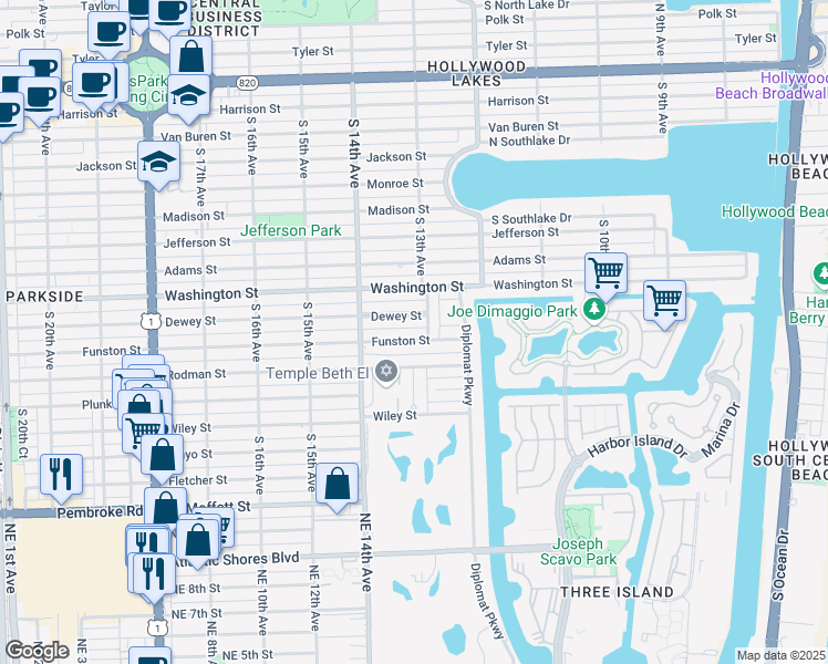 map of restaurants, bars, coffee shops, grocery stores, and more near 1316 Funston Street in Hollywood