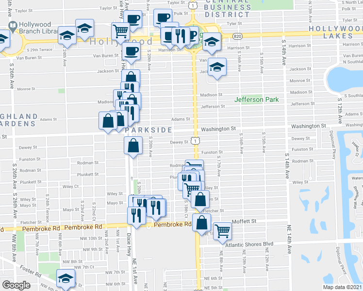 map of restaurants, bars, coffee shops, grocery stores, and more near 1817 Funston Street in Hollywood