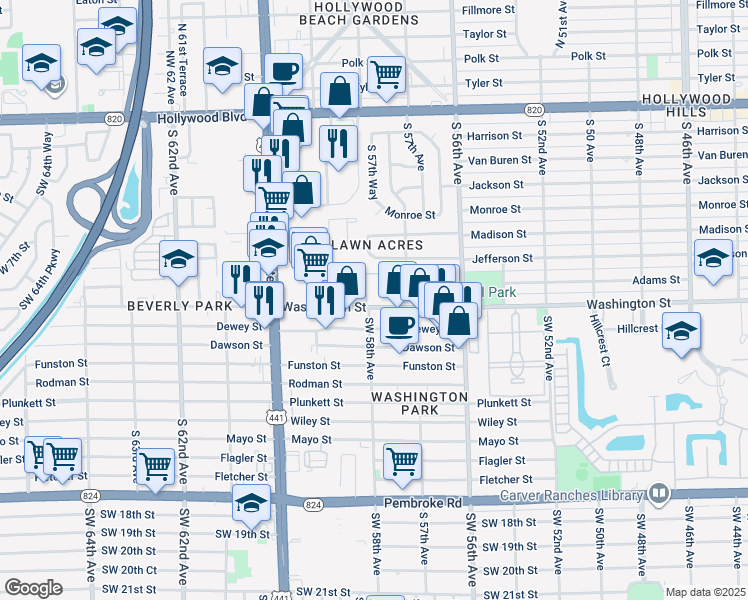 map of restaurants, bars, coffee shops, grocery stores, and more near 5800 Washington Street in Hollywood