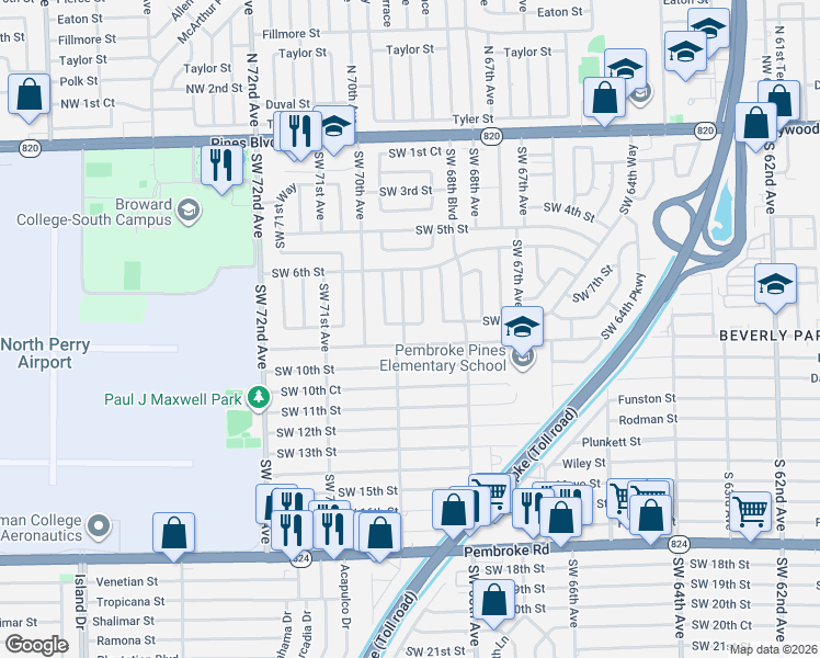 map of restaurants, bars, coffee shops, grocery stores, and more near 6941 Southwest 9th Street in Pembroke Pines