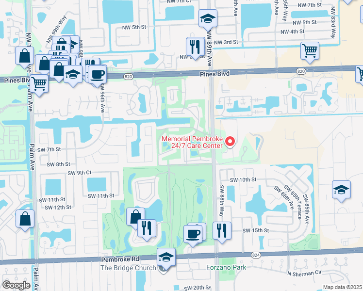 map of restaurants, bars, coffee shops, grocery stores, and more near 811 South Hollybrook Drive in Pembroke Pines