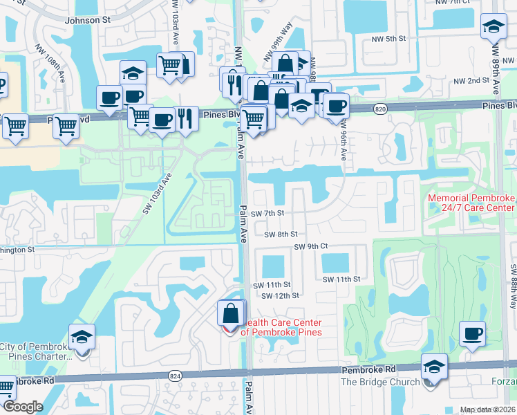 map of restaurants, bars, coffee shops, grocery stores, and more near 10001 Southwest 7th Court in Pembroke Pines