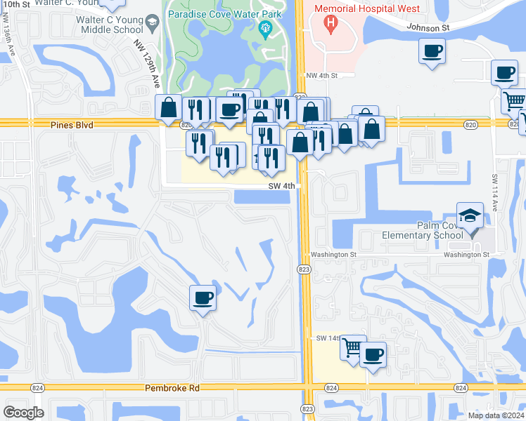 map of restaurants, bars, coffee shops, grocery stores, and more near 800 Southwest 125th Way in Pembroke Pines