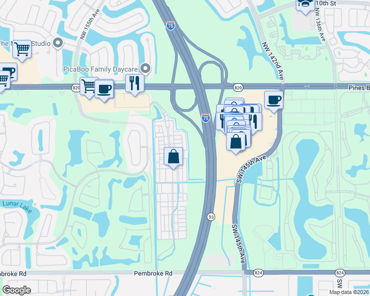 map of restaurants, bars, coffee shops, grocery stores, and more near 625 Southwest 146th Terrace in Pembroke Pines