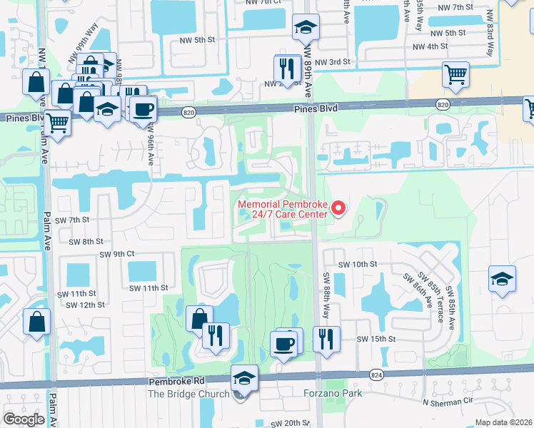 map of restaurants, bars, coffee shops, grocery stores, and more near 811 South Hollybrook Drive in Pembroke Pines