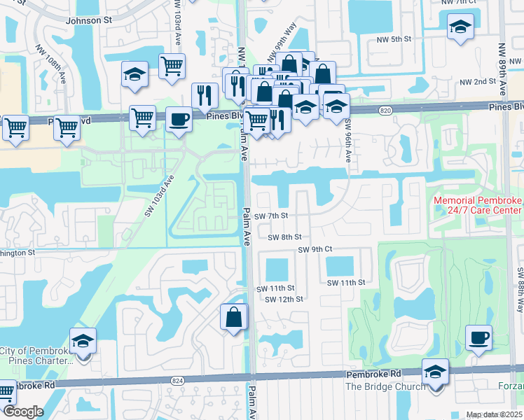 map of restaurants, bars, coffee shops, grocery stores, and more near 10001 Southwest 7th Court in Pembroke Pines