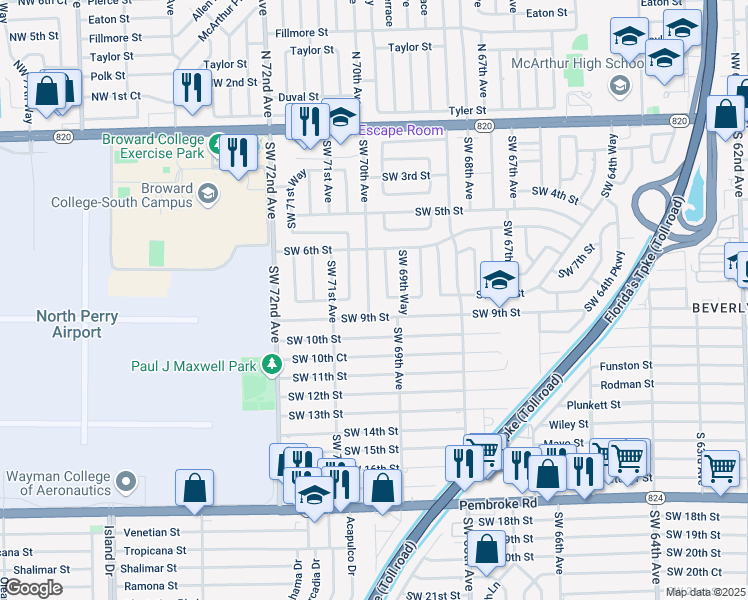 map of restaurants, bars, coffee shops, grocery stores, and more near 801 Southwest 70th Avenue in Pembroke Pines