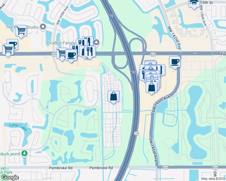 map of restaurants, bars, coffee shops, grocery stores, and more near 615 Southwest 147th Avenue in Pembroke Pines