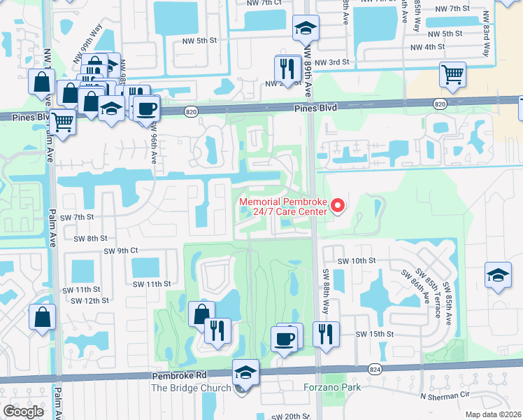 map of restaurants, bars, coffee shops, grocery stores, and more near 811 South Hollybrook Drive in Pembroke Pines