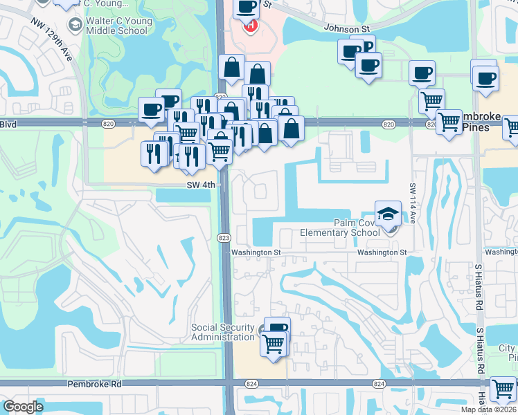 map of restaurants, bars, coffee shops, grocery stores, and more near 12186 Southwest 5th Court in Pembroke Pines