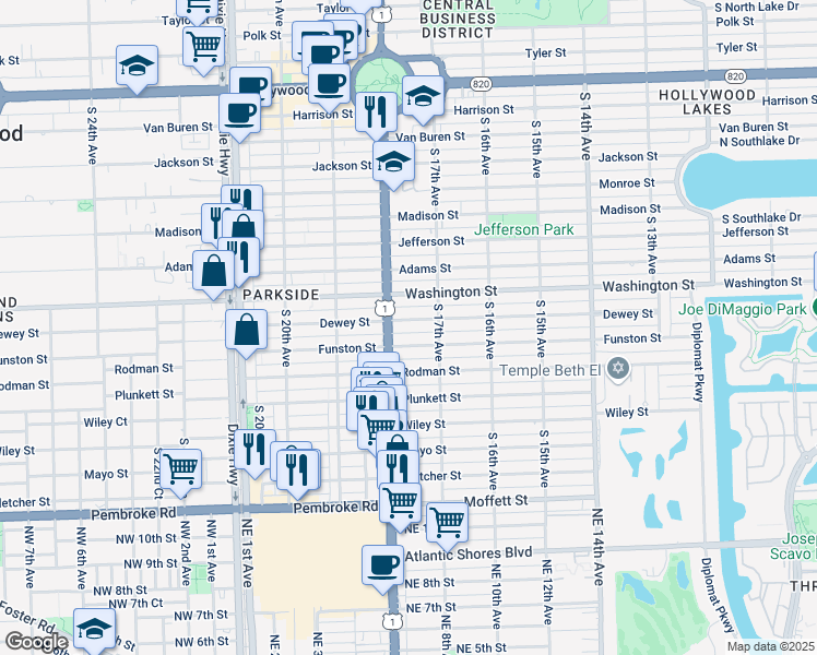 map of restaurants, bars, coffee shops, grocery stores, and more near 1739 Funston Street in Hollywood