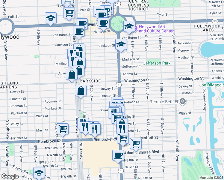 map of restaurants, bars, coffee shops, grocery stores, and more near 1817 Funston Street in Hollywood
