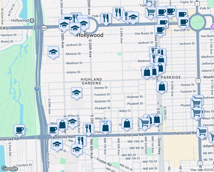 map of restaurants, bars, coffee shops, grocery stores, and more near 2502 Dewey Street in Hollywood