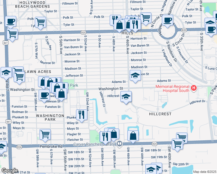 map of restaurants, bars, coffee shops, grocery stores, and more near 4950 Washington Street in Hollywood
