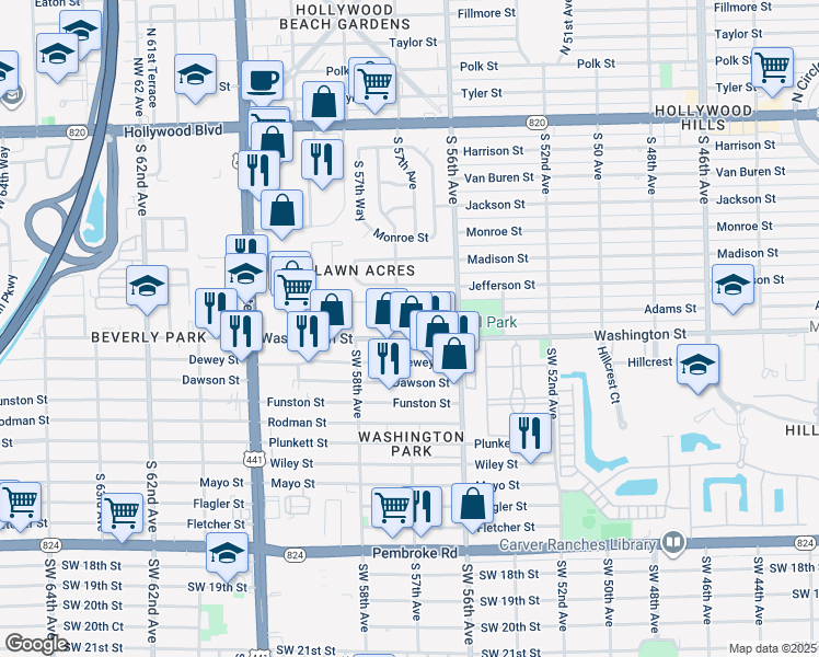 map of restaurants, bars, coffee shops, grocery stores, and more near 5688 Washington Street in Hollywood