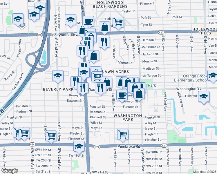 map of restaurants, bars, coffee shops, grocery stores, and more near 5800 Washington Street in Hollywood