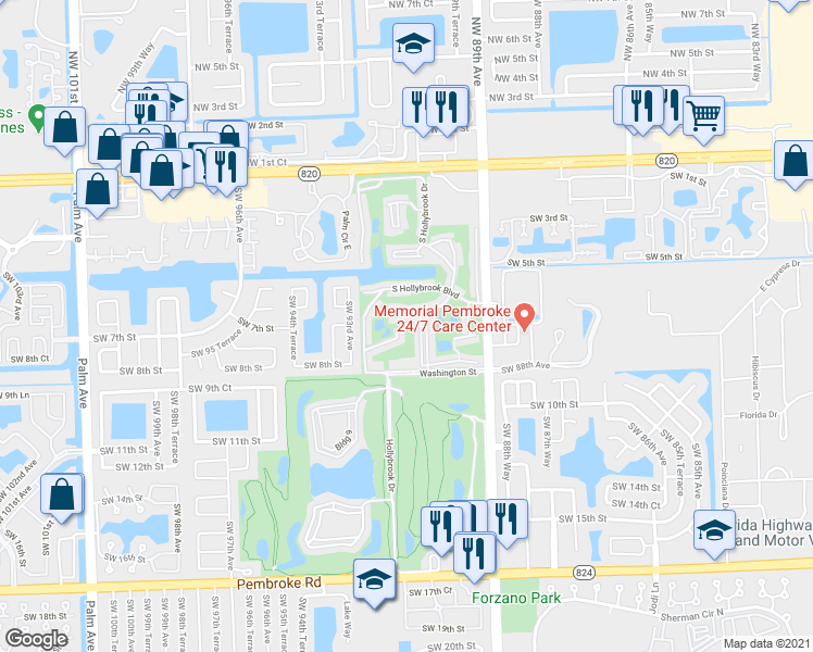 map of restaurants, bars, coffee shops, grocery stores, and more near 811 South Hollybrook Drive in Pembroke Pines